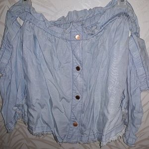 Silky Blue Denim Off The Shoulder Top